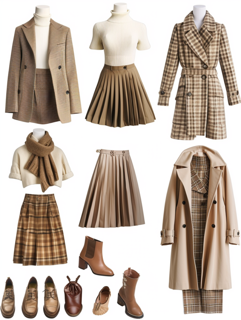 Upper section of timeless neutral wardrobe mood board 2026 showing cream turtleneck with olive pleated skirt, white shirt with plaid trousers, plaid blazer, white turtleneck with brown skirt, brown leather trench coat, and houndstooth suit