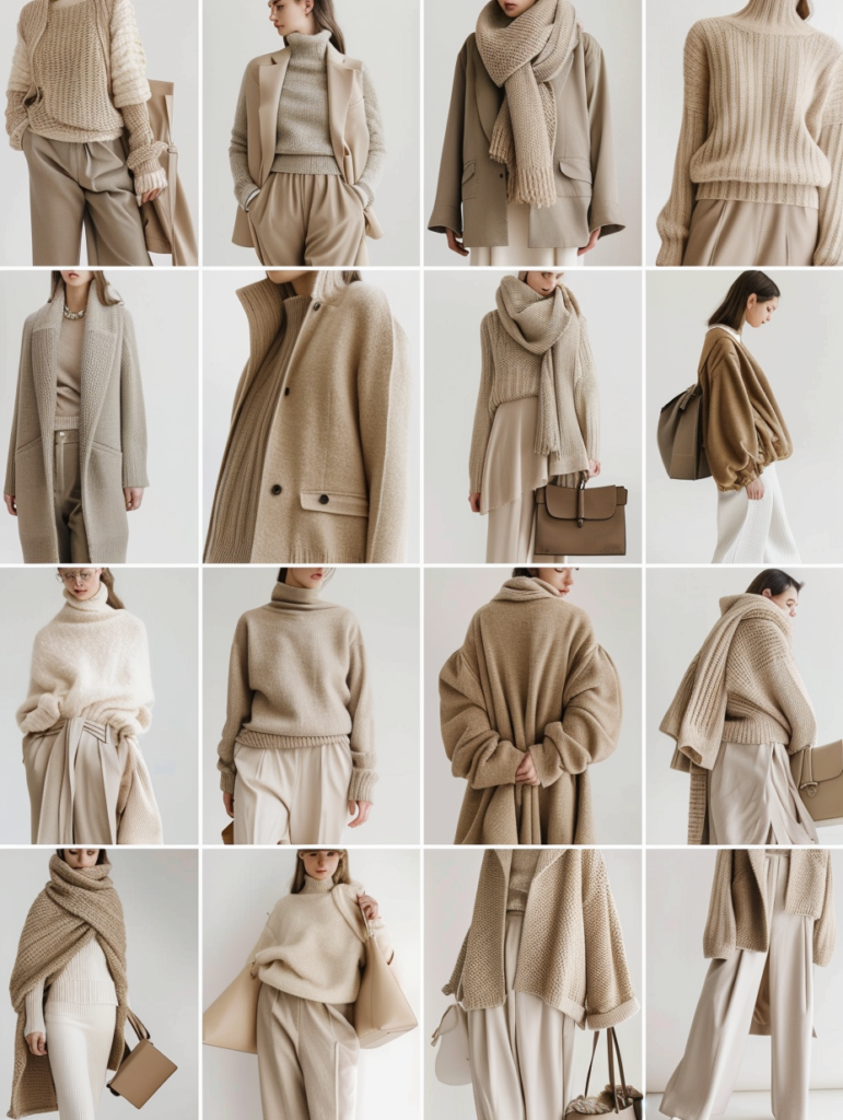 Faceless fashion grid presenting monochromatic and tonal neutral outfits in beige, taupe, gray and off-white combinations with cashmere knits, wide-leg trousers, and structured handbags