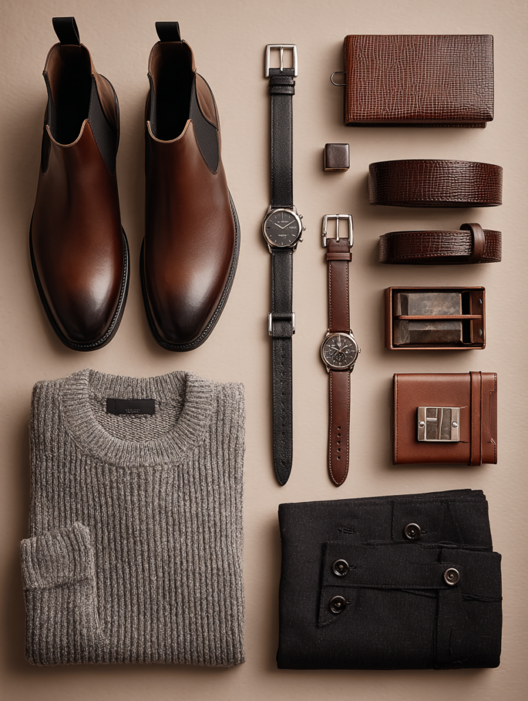 Classic gray cable knit turtleneck sweater styled with black tailored trousers, brown leather Chelsea boots, and leather accessories in a timeless Old Money flat lay composition