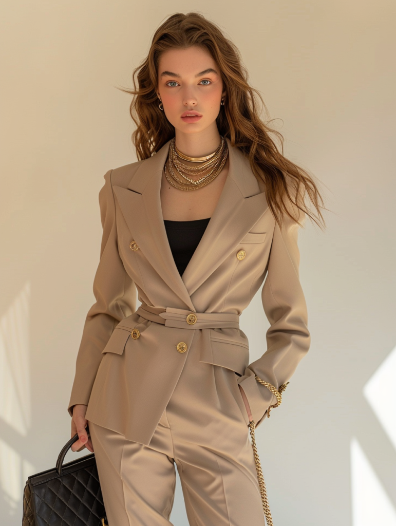 Full-body view of a woman in beige power suit with tailored blazer, matching mini skirt, black camisole, and gold jewelry, showcasing refined tailoring and quiet luxury elegance in a bright studio setting