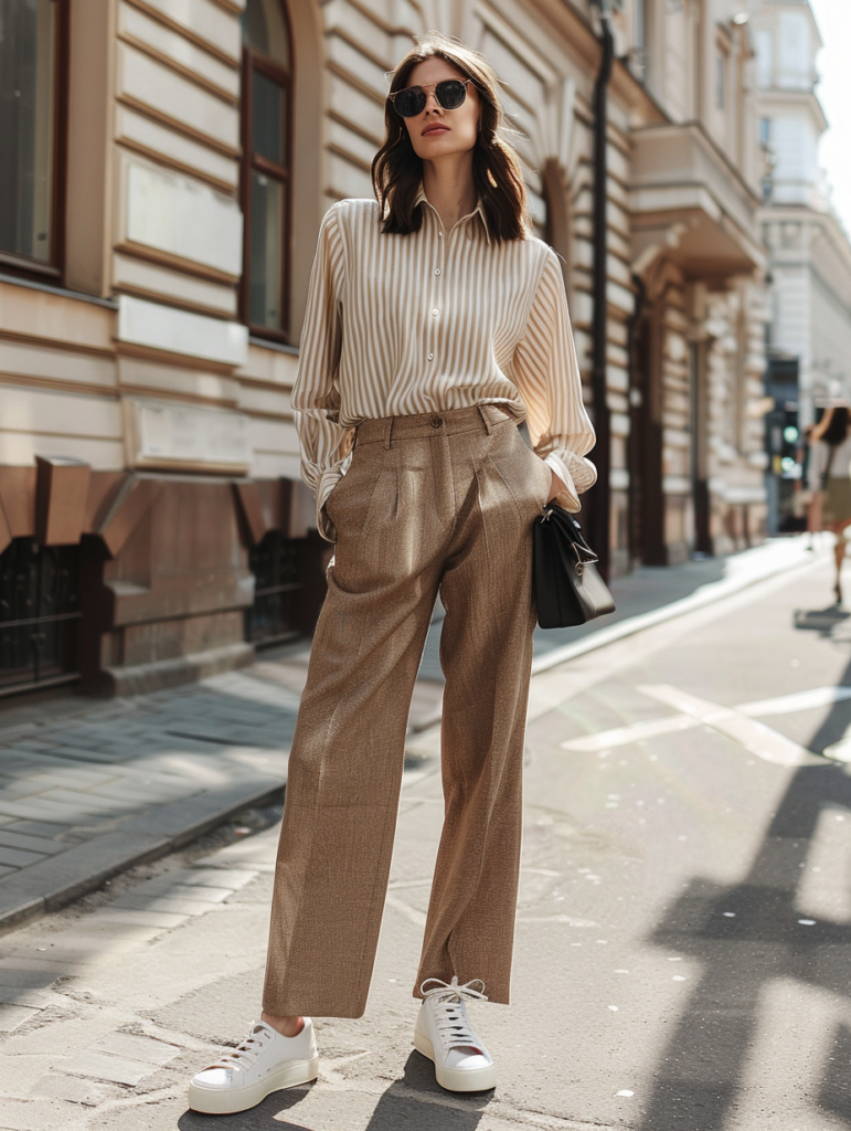 Detailed close-up of minimal spring outfit showing softly striped beige button-down shirt with rolled sleeves, high-waisted brown wide-leg trousers, small black handbag, and gold jewelry accents
