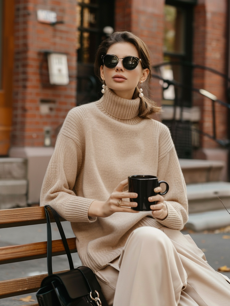 Full-body view of a woman in elegant neutral coffee date outfit 2026, seated on a bench wearing a beige turtleneck sweater and matching wide-leg trousers, holding a black coffee cup with pearl earrings and black sunglasses