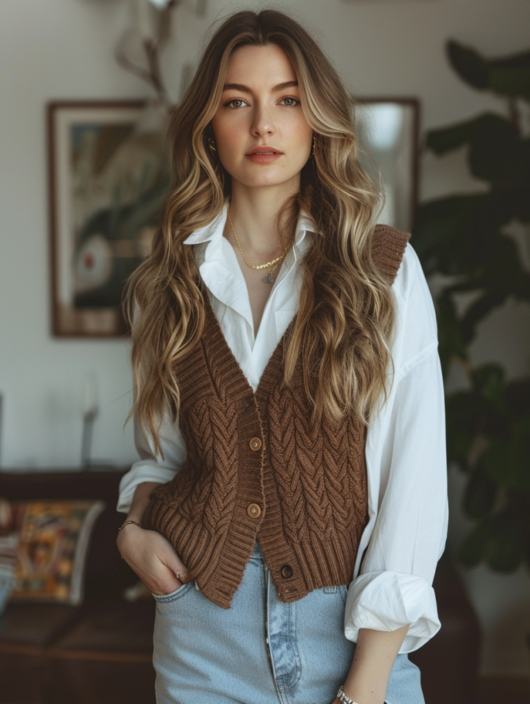 Woman in effortless casual chic outfit with white button-down shirt layered under brown cable knit vest, light-wash wide-leg jeans, and white sneakers in a modern minimalist setting