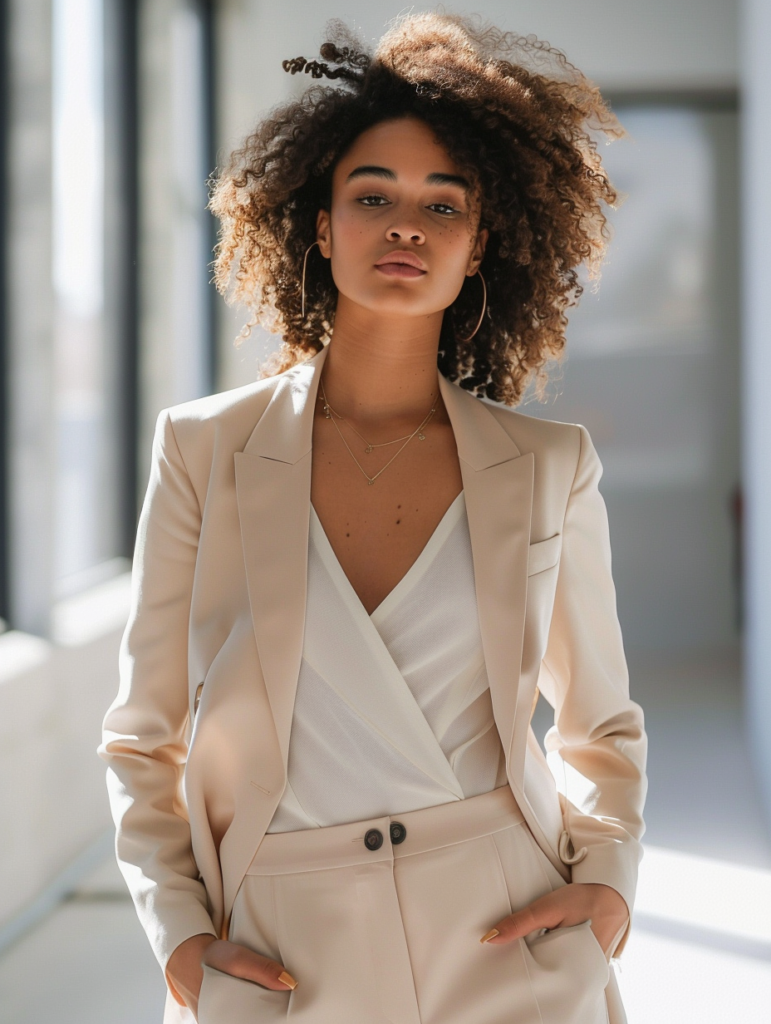 Woman in elegant neutral graduation power suit with tailored blazer and trousers in soft beige or cream tones, paired with a white top and delicate gold jewelry, quiet luxury style