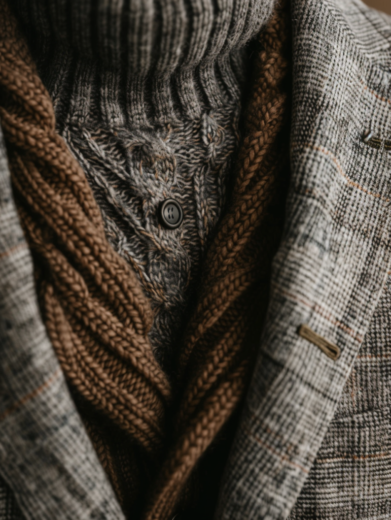 Upper section of timeless men’s neutral capsule wardrobe 2026 showcasing brown ribbed cardigan, gray cable-knit turtleneck sweater, and gray plaid blazer with rich knit and wool textures