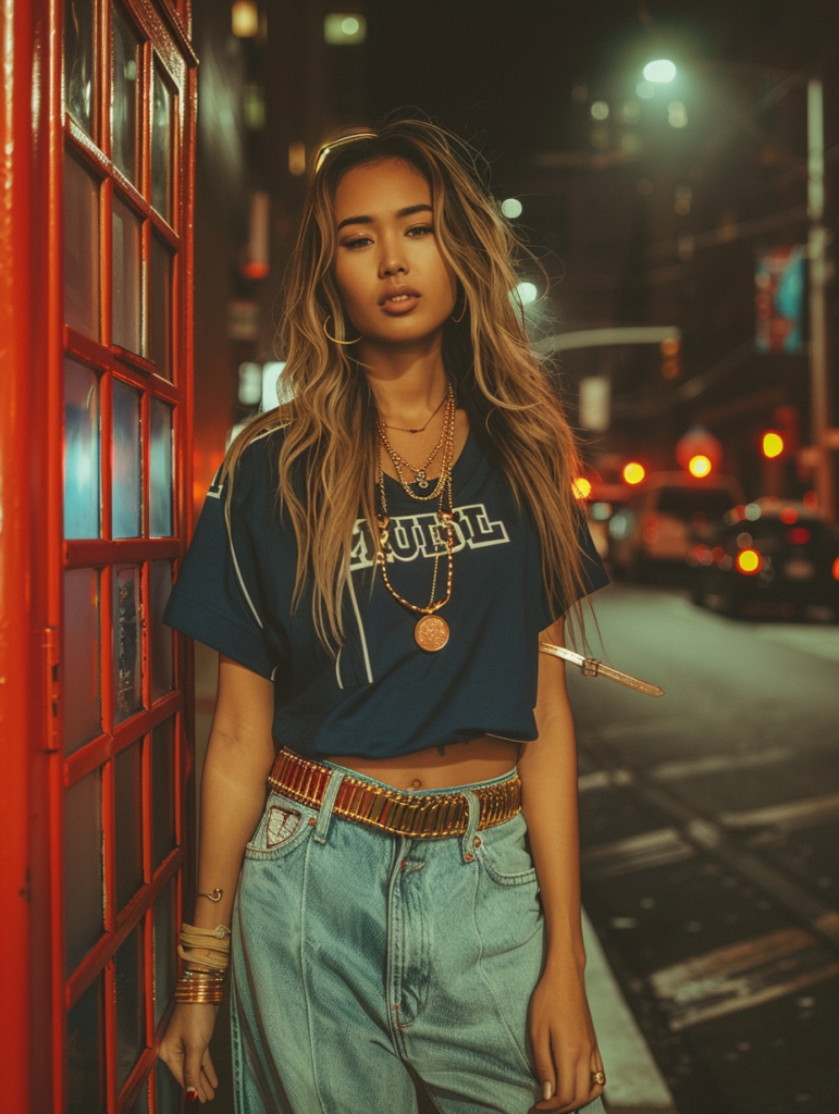 Woman in urban sporty chic outfit standing on a city street at night in front of a red telephone booth, wearing a cropped navy NFL jersey, baggy jeans, gold coin belt, and luxury handbag with confident styling