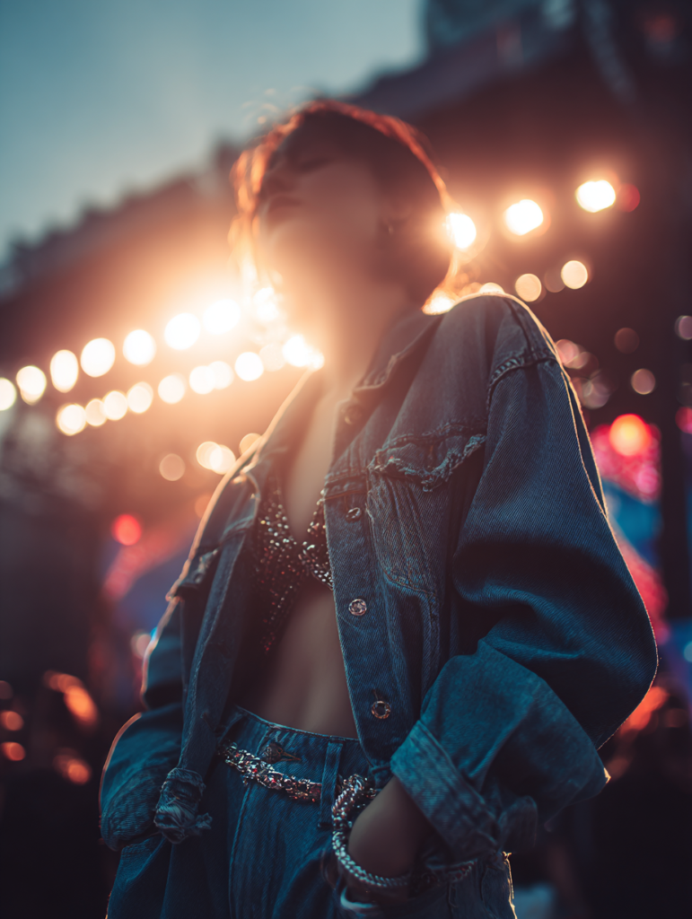 Woman wearing denim jacket and jeans outfit at night concert with stage lighting