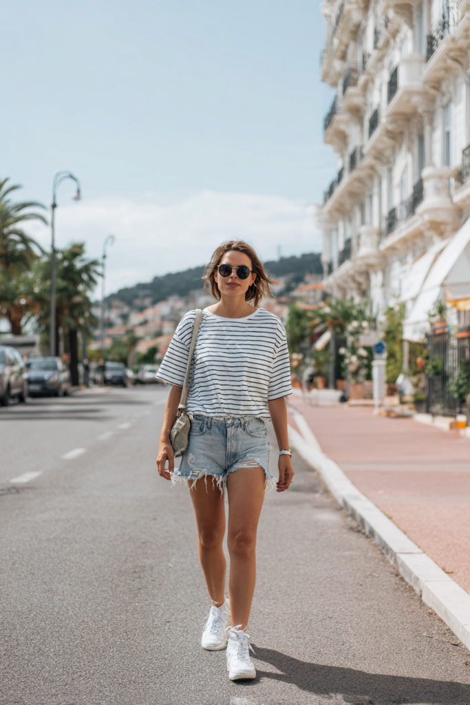 Woman wearing striped t-shirt with distressed denim shorts and sneakers walking in summer city street