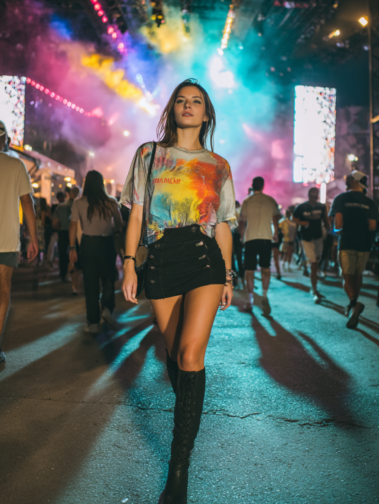Woman wearing oversized graphic t-shirt, mini skirt, and knee-high boots at night music festival