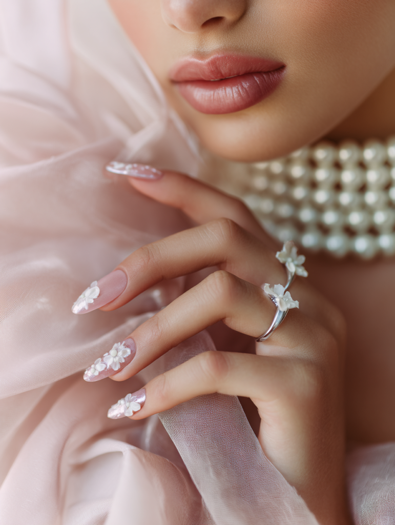 woman holding coffee showing pink floral chrome nails with gold jewelry