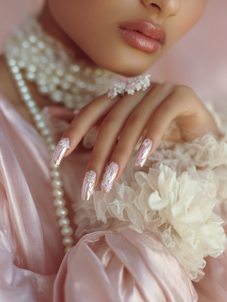 soft pink bridal nails with white flowers chrome tips and pearl styling