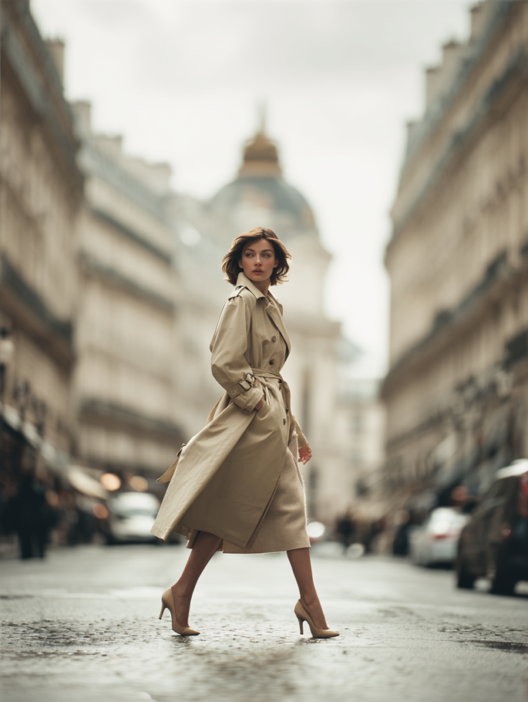 woman wearing beige trench coat walking in city neutral elegant outfit