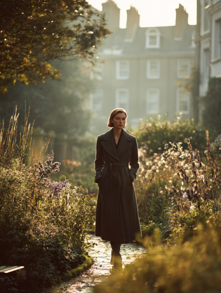 Elegant woman walking through a classic London garden in early morning wearing a long tailored coat