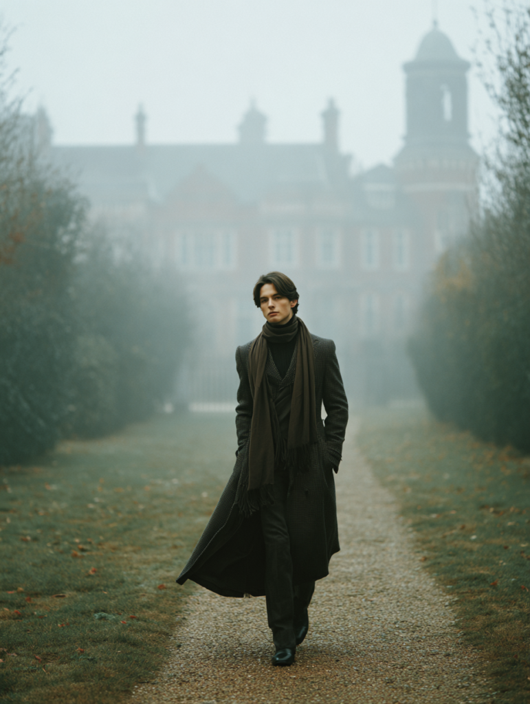 Aristocratic figure walking in misty London park wearing long tailored coat and elegant posture
