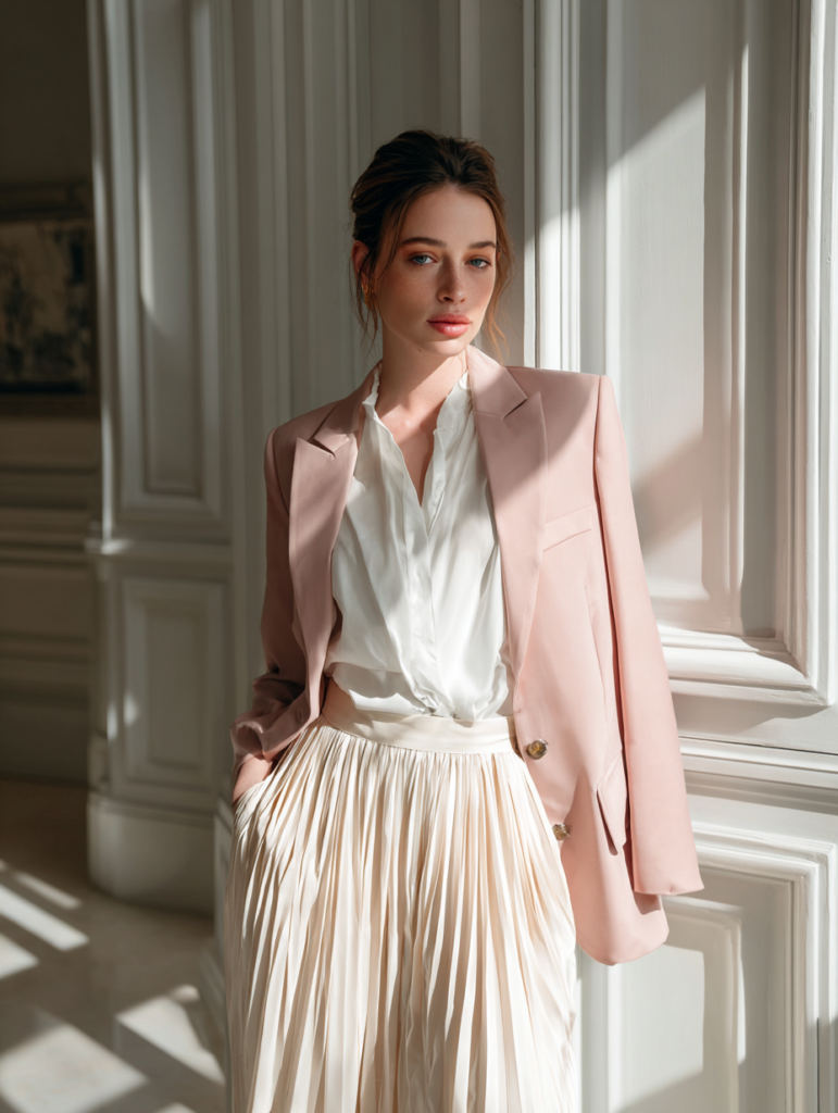 woman wearing blush pink blazer with cream trousers and pleated skirt elegant spring outfit
