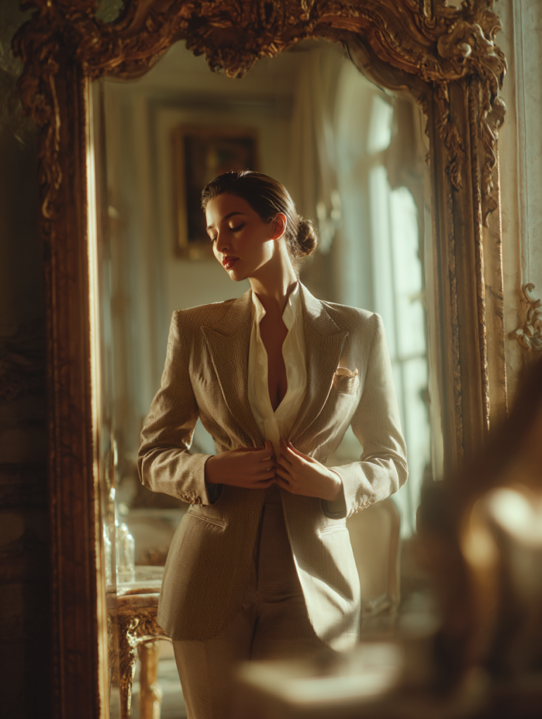 Sophisticated woman adjusting blazer in vintage mirror inside luxurious dressing room