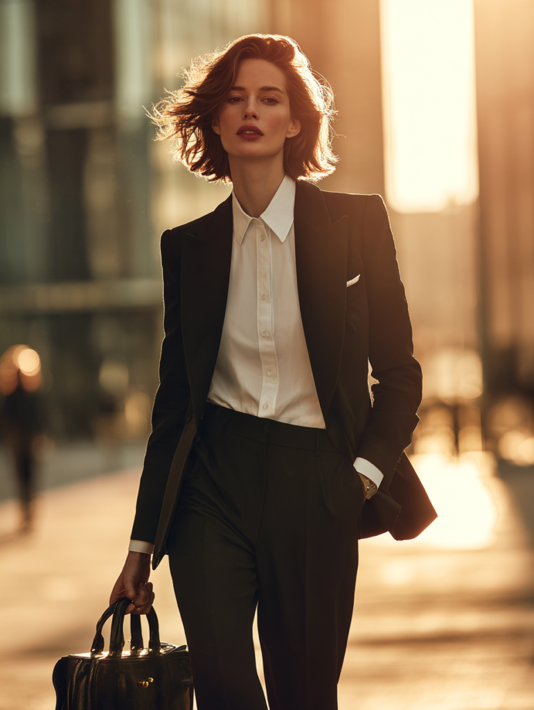 Professional woman wearing a black blazer and white shirt walking in a city office district stylish corporate outfit
