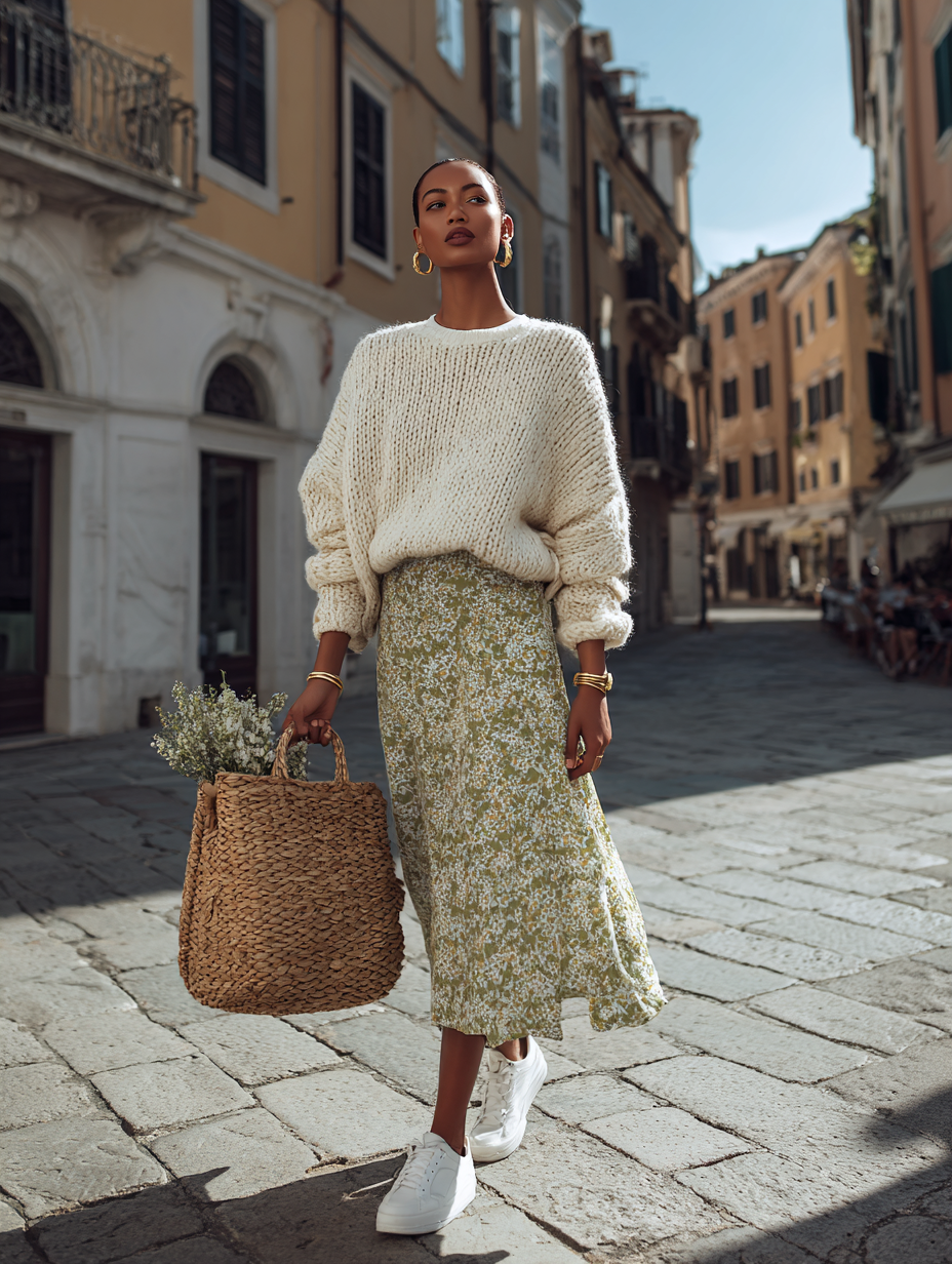 woman wearing cozy chic spring outfit in chilly weather