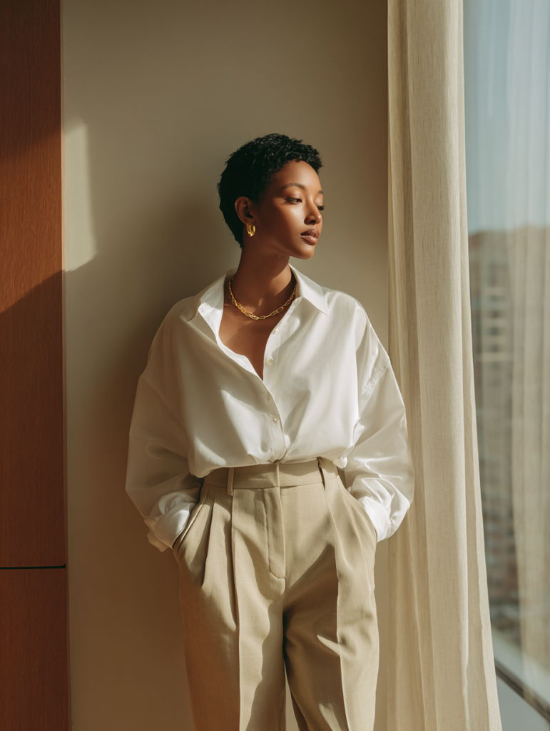 woman wearing white shirt and beige tailored trousers minimalist neutral outfit