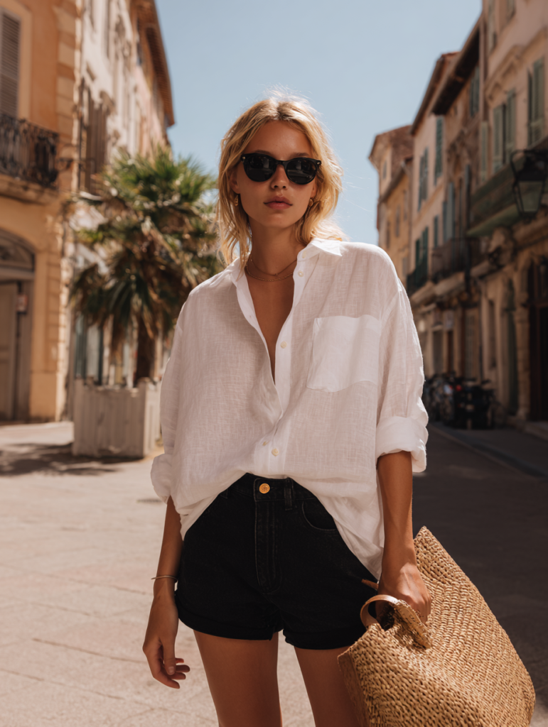 woman wearing oversized white shirt with black denim shorts and sandals summer outfit