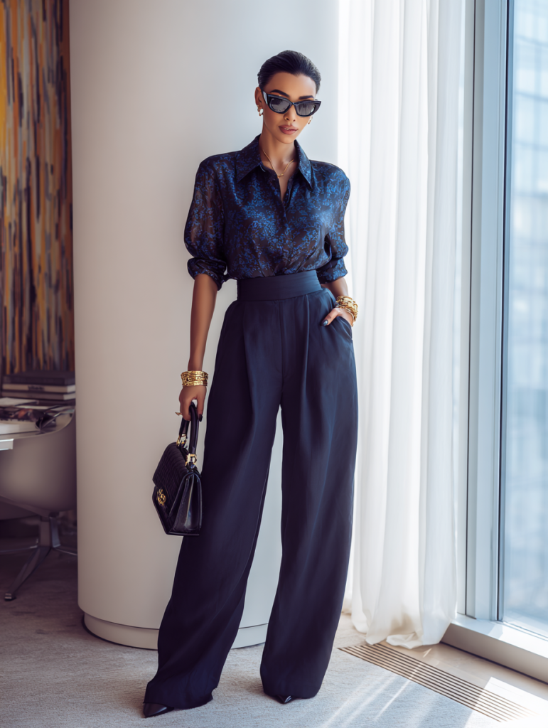 woman wearing navy blouse and matching navy wide leg trousers office outfit