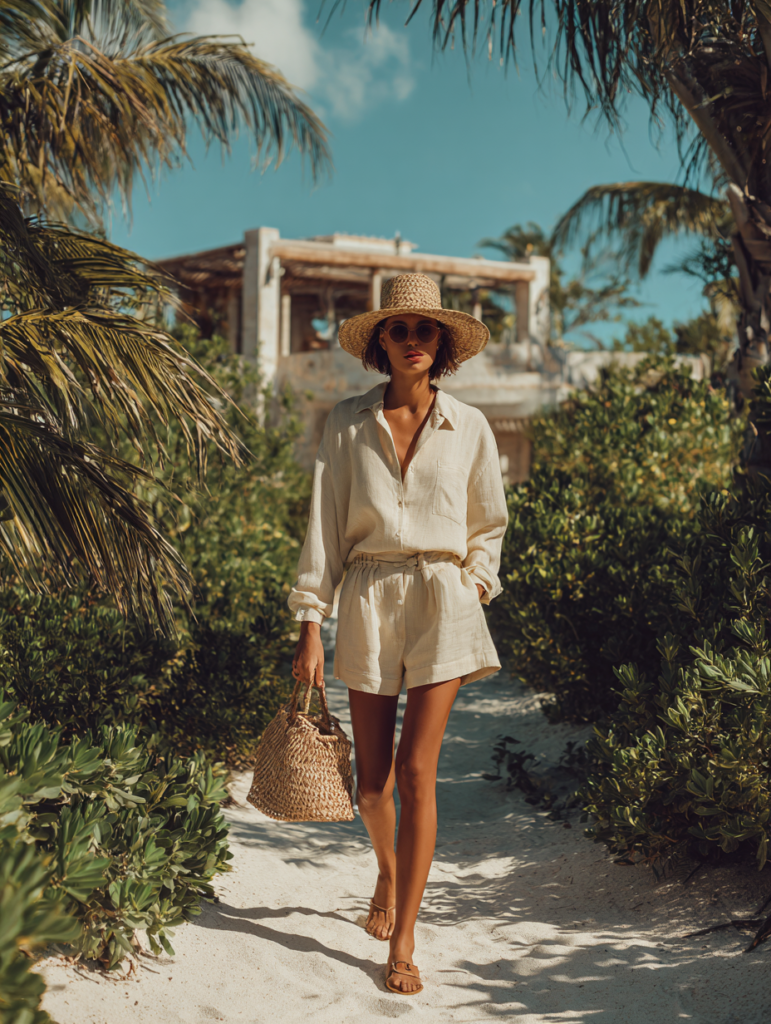woman wearing matching beige linen shirt and shorts set at beach resort