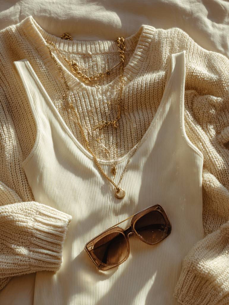 cream knit sweater spring outfit flat lay
