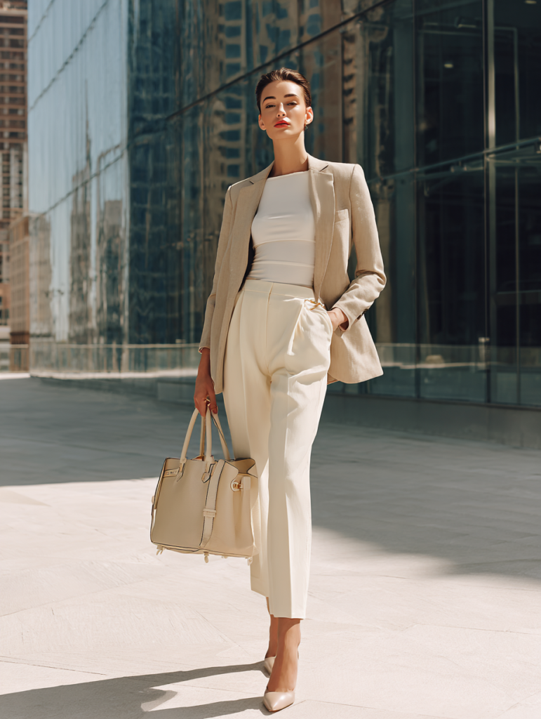 woman wearing monochrome beige spring outfit with blazer trousers and handbag