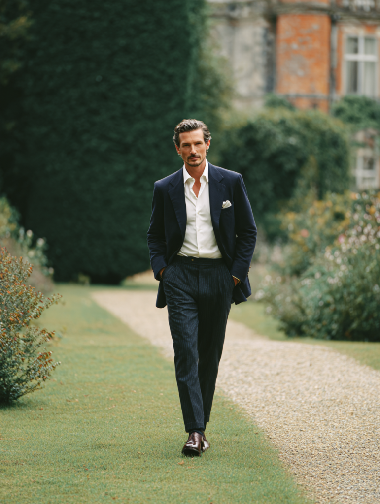 Aristocratic man or woman walking in London estate wearing tailored blazer and classic neutral outfit