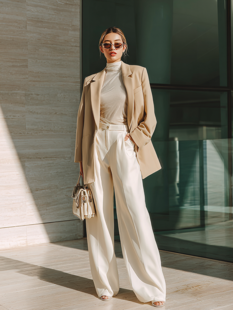 woman wearing beige blazer with cream wide leg trousers and white top elegant office outfit
