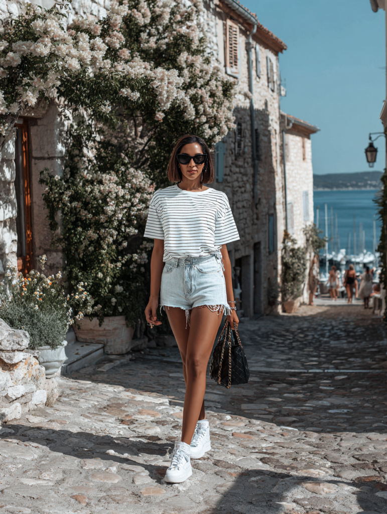 woman wearing striped t shirt and denim shorts with sneakers summer outfit