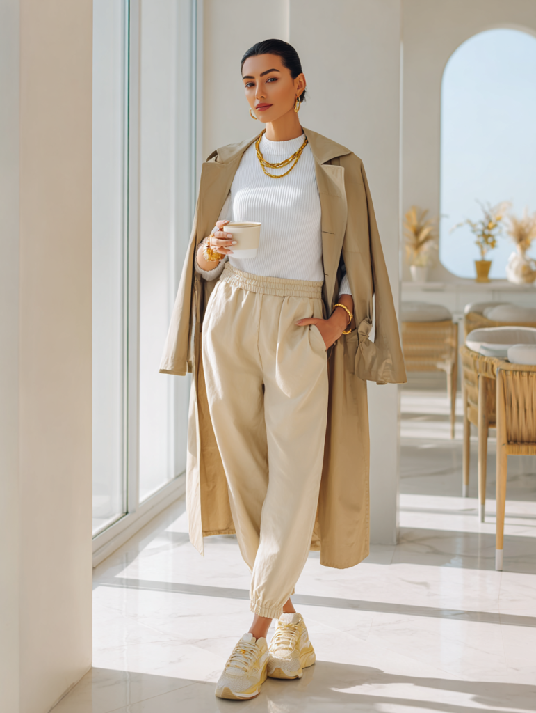 woman holding coffee wearing white top beige trousers and neutral spring outfit