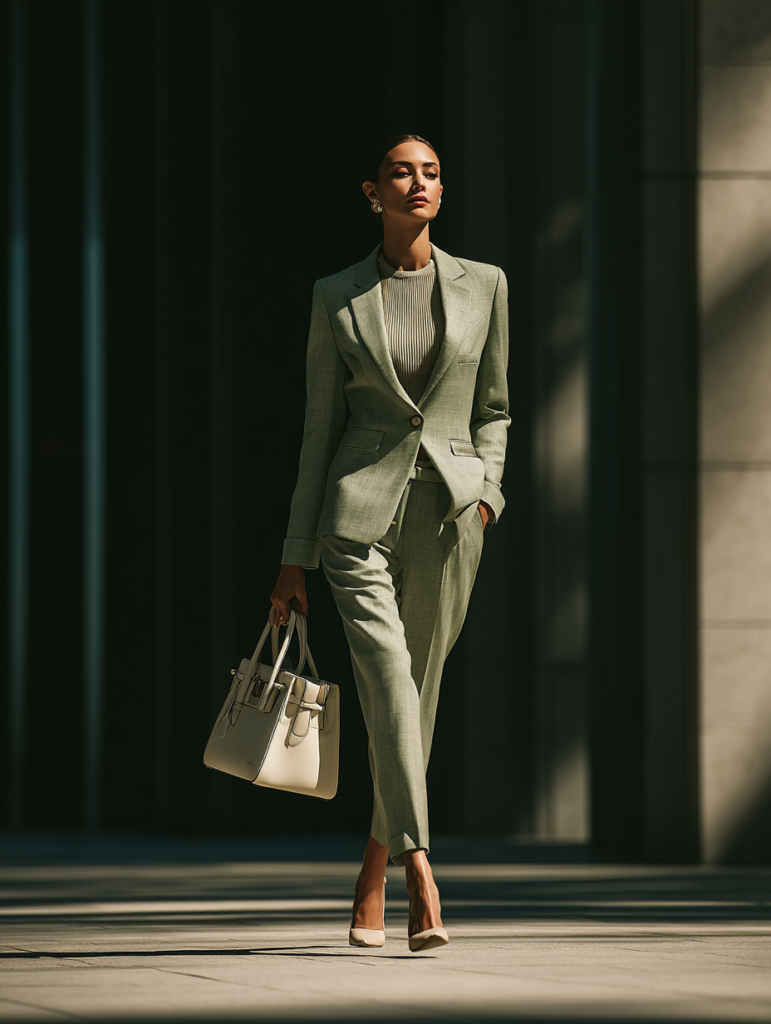 woman wearing sage green tailored suit walking in modern city office district