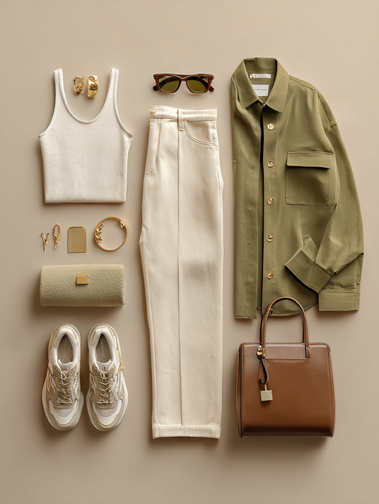 flat lay of neutral spring clothing including white top trousers blazer sneakers and handbag