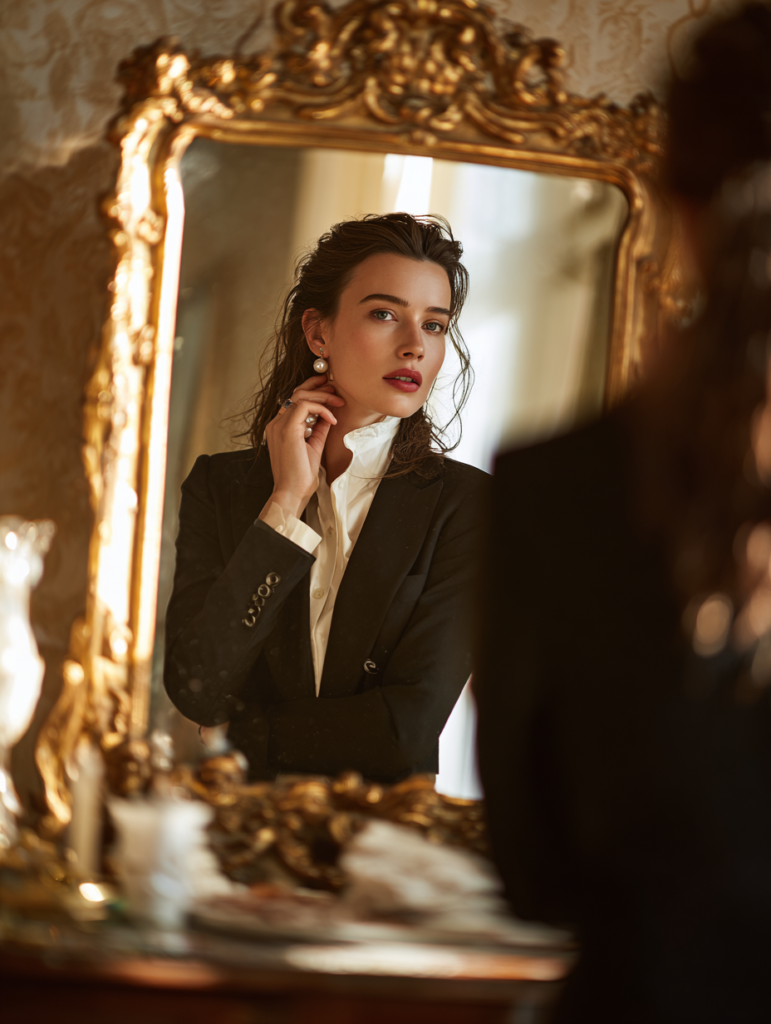 Elegant woman adjusting blazer and pearl earrings in vintage mirror luxury dressing room