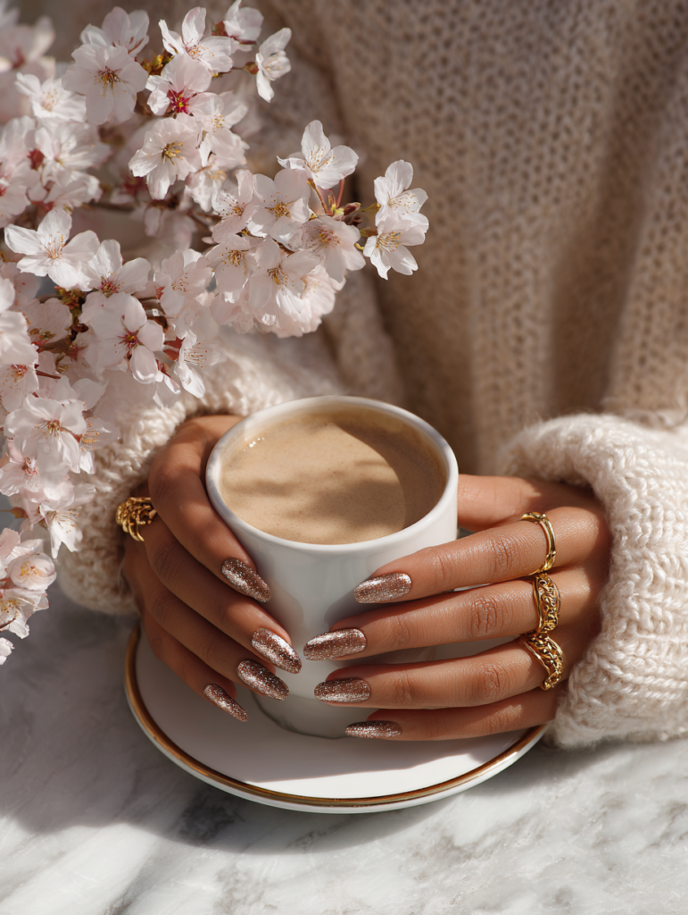 pink almond nails with silver chrome French tips glossy manicure
