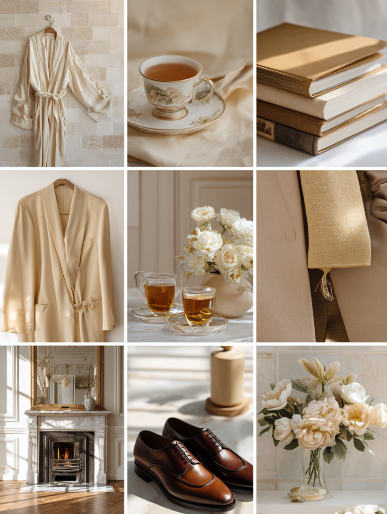 Luxury mood board collage showing aristocrat morning routine with tea set, books, silk robe and tailored outfit
