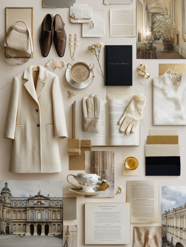 Luxury mood board collage with aristocratic fashion, pearls, books, tea set, and neutral tones aesthetic