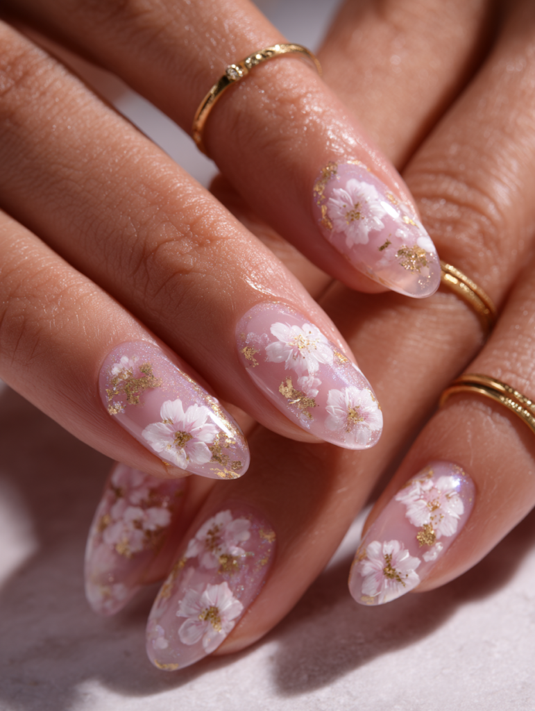 close up of pink almond nails with white 3D flower nail art design