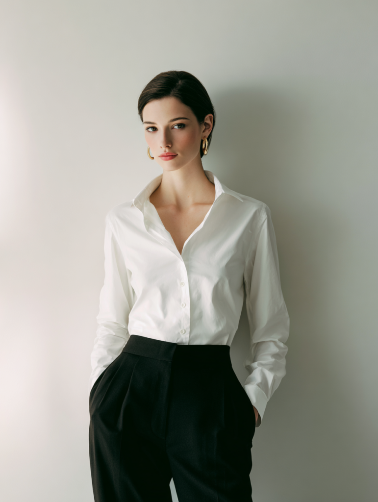 woman wearing white shirt and black trousers simple elegant outfit