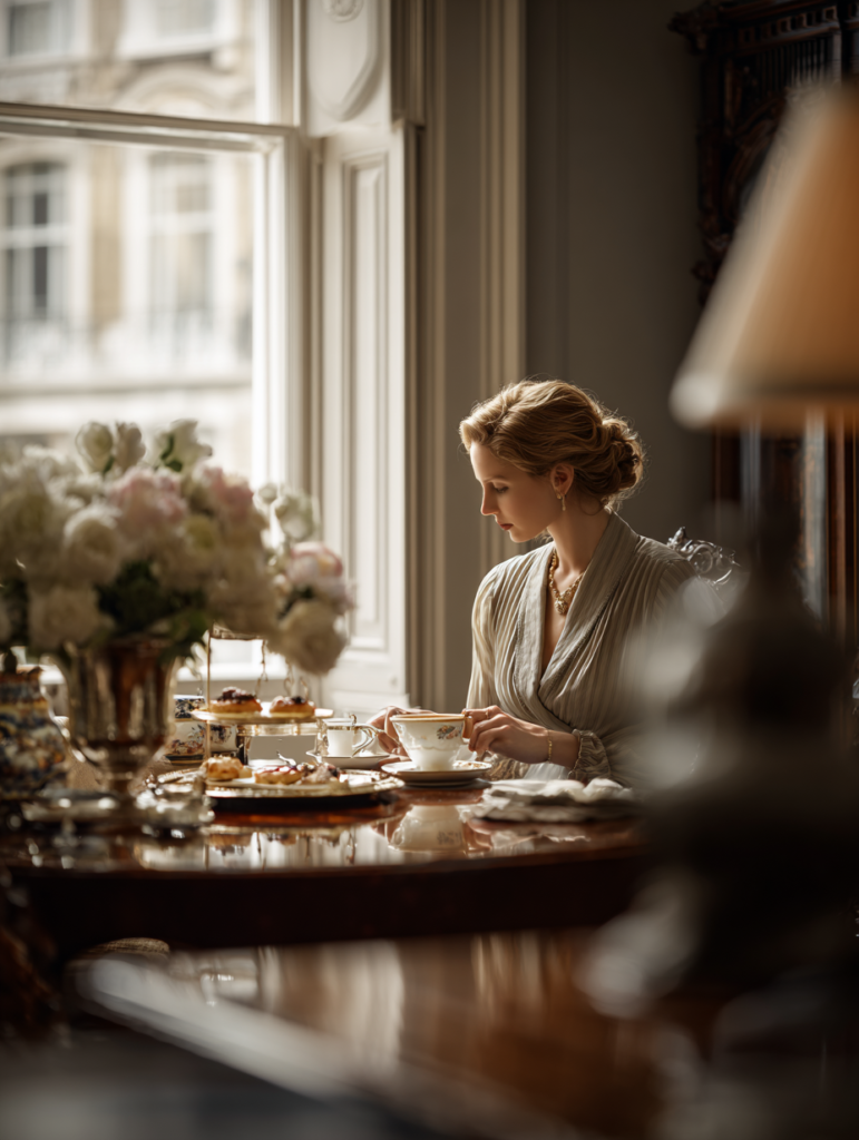 British aristocrat enjoying morning tea at an elegant breakfast table in a classic London townhouse