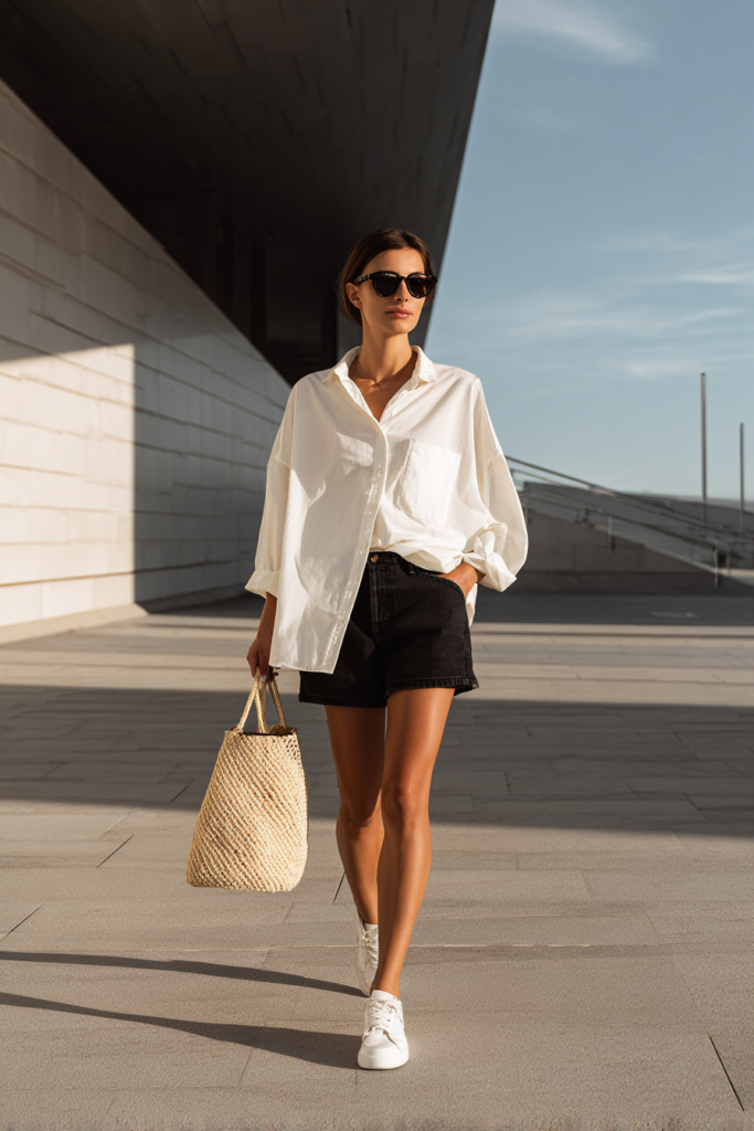 Woman wearing oversized white shirt with black denim shorts and sneakers in casual summer street style outfit