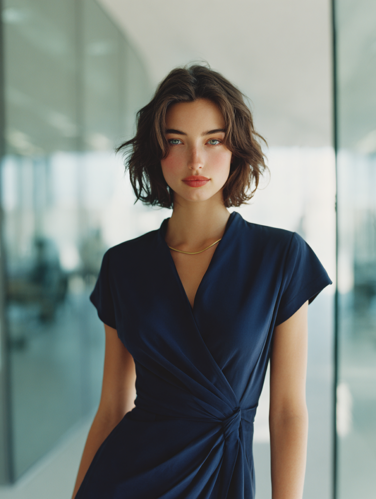Woman wearing navy midi wrap dress in modern office interior elegant professional fashion style