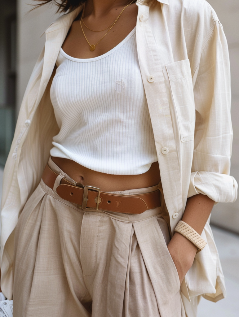 Detailed close-up of effortless neutral summer outfit showing cream button-up shirt with rolled sleeves, white ribbed tank underneath, high-waisted beige pleated trousers, brown leather belt, and gold jewelry