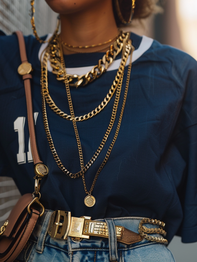 Detailed close-up of urban sporty chic outfit showing cropped navy NFL jersey with number 11, gold coin belt on baggy jeans, layered gold necklaces, large hoop earrings, and small luxury handbag