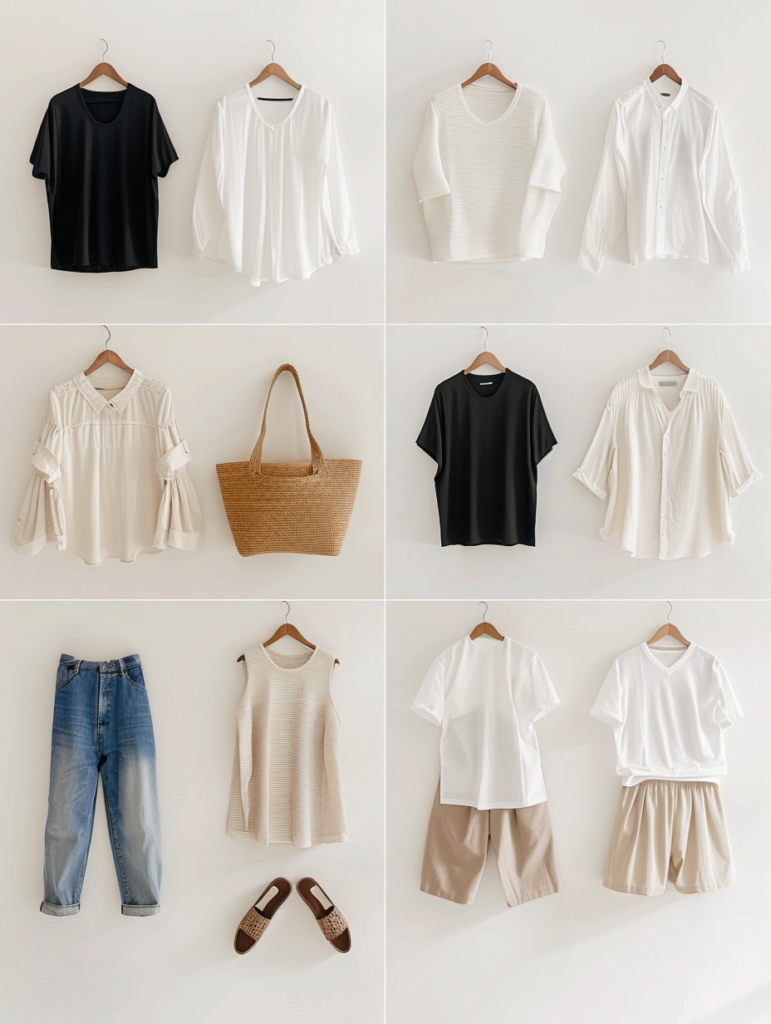 Upper row of effortless neutral capsule wardrobe 2026 showing white button-down with blue jeans and woven tote, beige ribbed tank with white wide-leg trousers and brown sandals, and black short-sleeve tee with beige paperbag shorts and white sneakers