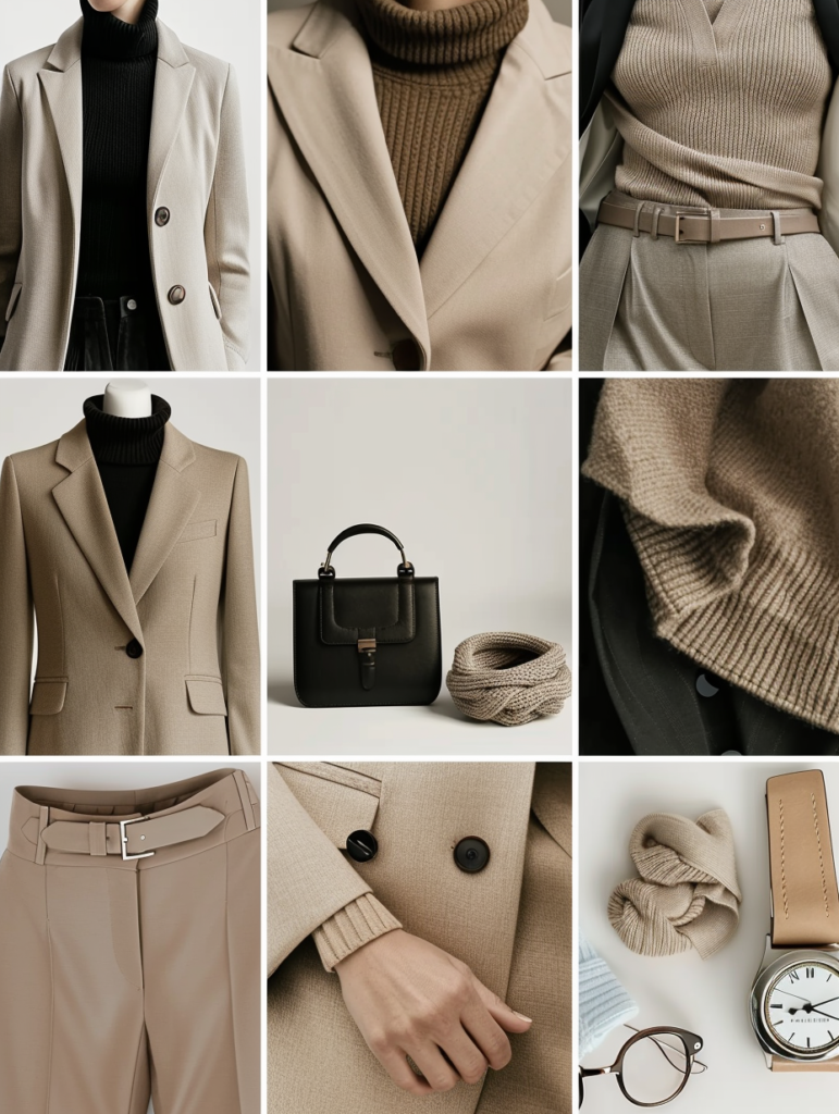 Close-up details from the 5-day work outfit challenge showing neutral capsule pieces including beige trousers, black blazers, beige turtlenecks, white shirts, houndstooth skirts, and structured handbags