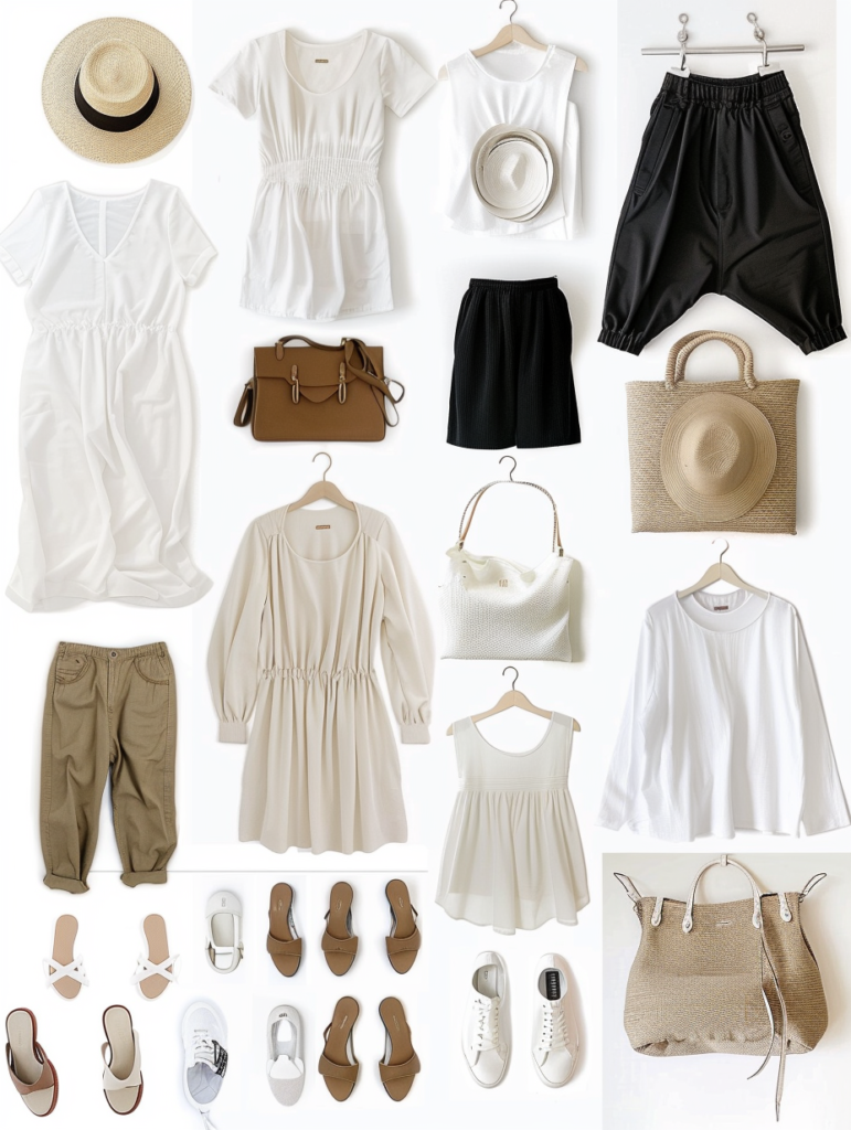 Full overview of effortless neutral capsule wardrobe 2026 showing all 12 timeless everyday outfits with white shirts, beige tanks, black tees, knit sweaters, wide-leg trousers, satin dresses, woven bags, brown sandals, white sneakers, and gold jewelry arranged in a clean grid on white background