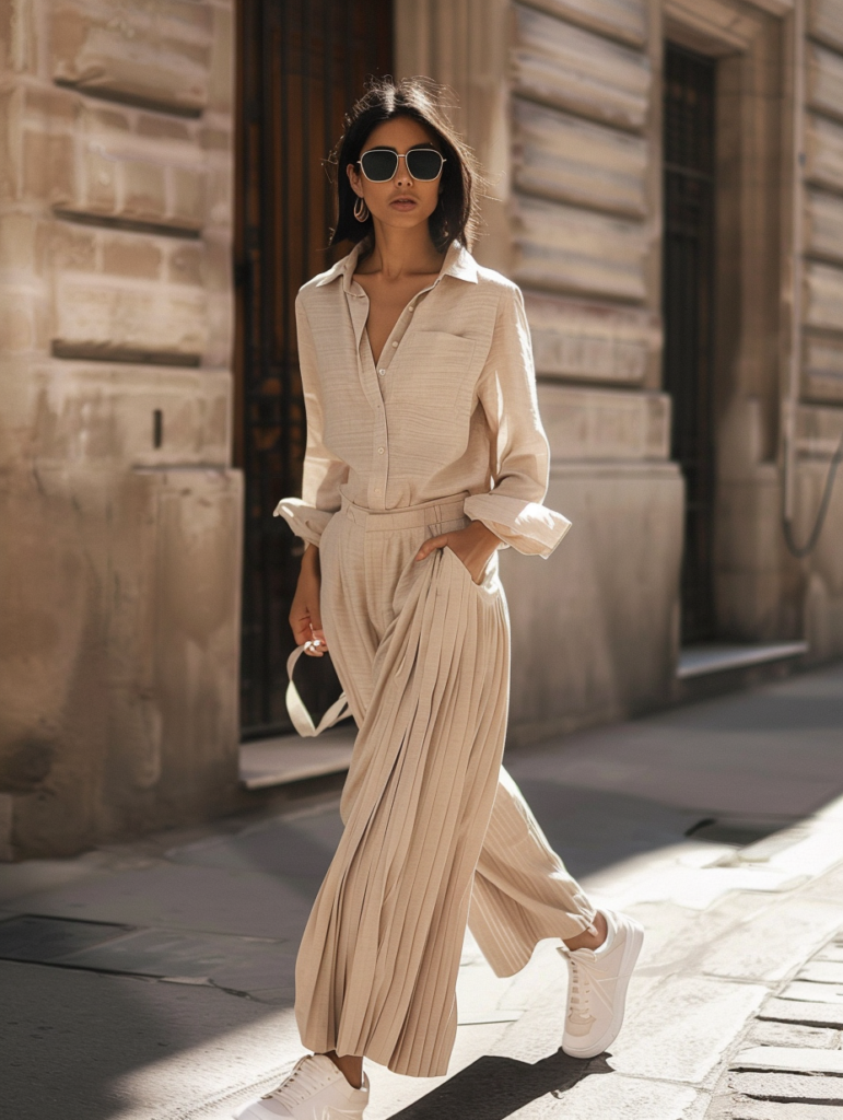 Lifestyle street style shot of a woman in effortless neutral summer outfit 2026 walking on a sunny street, wearing a cream button-up shirt, beige pleated wide-leg trousers, white sneakers, and black sunglasses with natural movement