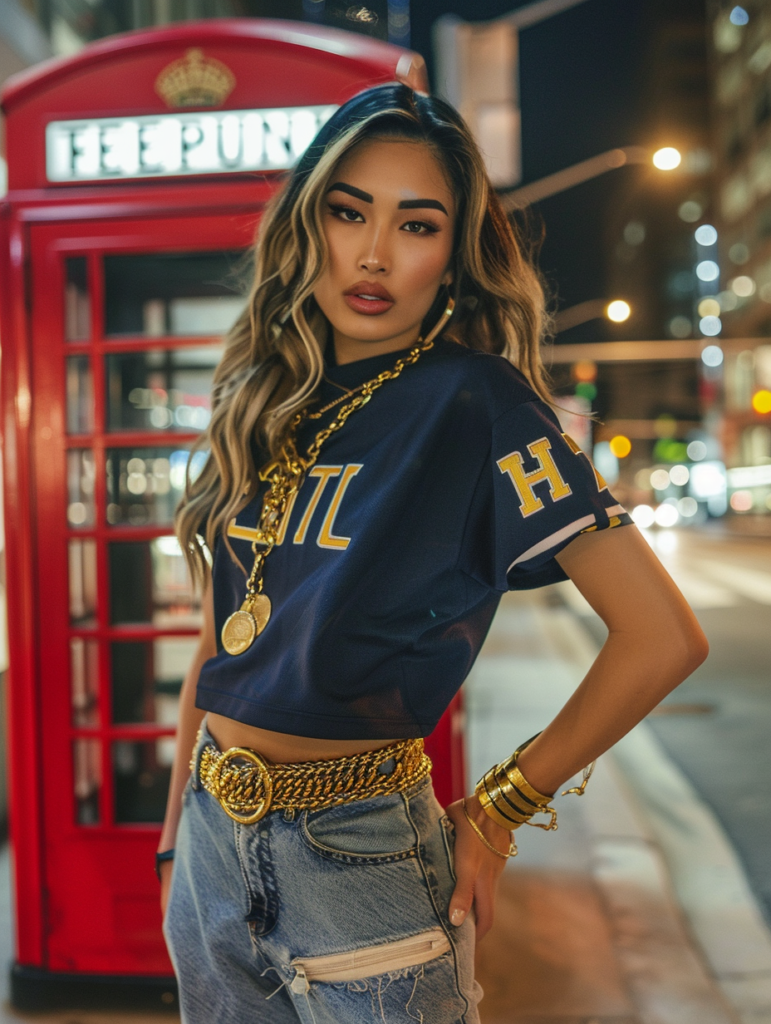 Lifestyle street style shot of a woman in urban sporty chic outfit 2026 standing on a city street at night in front of a red telephone booth, wearing a cropped navy NFL jersey, baggy jeans, gold coin belt, and luxury handbag